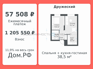 2 комн., 38.5м2, 14/14, Дружеский, Тюмень