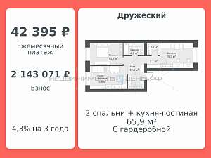 2 комн., 65.9м2, 10/14, Дружеский, Тюмень