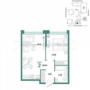 2 комн., 40.22м2, 6/25, Сердце Сибири, Тюмень