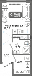 1 комн., 22.02м2, 14/21, Меридиан Слобода, Тюмень