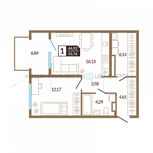 1 комн., 53.76м2, 4/4, Озерный, Тюмень