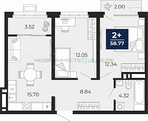 2 комн., 58.77м2, 5/24, Тюмень
