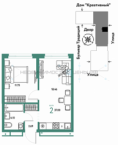 2 комн., 37м2, 12/15, Домашний, Тюмень