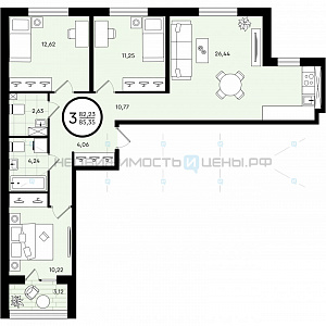 3 комн., 85.35м2, 4/4, Зеленые Аллеи, Тюмень