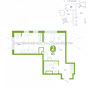 2 комн., 42.1м2, 6/24, Чистые пруды, Тюмень