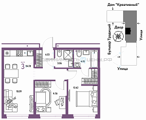 3 комн., 54.18м2, 12/15, Домашний, Тюмень