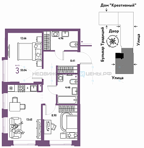 3 комн., 53.04м2, 10/15, Домашний, Тюмень