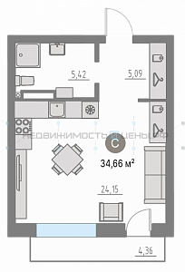 1 комн., 34м2, 3/4, Кипрея, Тюмень