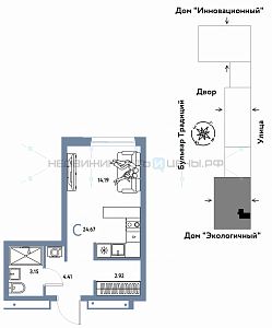 Студия, 24.67м2, 13/15, Домашний, Тюмень