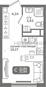 1 комн., 21.84м2, 9/21, Меридиан Слобода, Тюмень