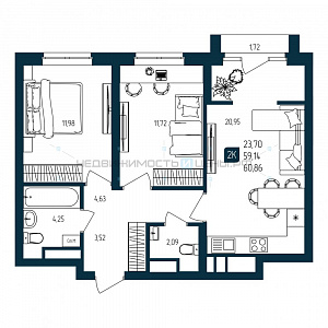 2 комн., 59.14м2, 3/25, Квартал Мятный, Тюмень