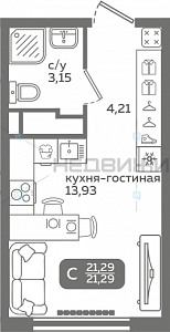 1 комн., 21.29м2, 14/21, Меридиан Слобода, Тюмень