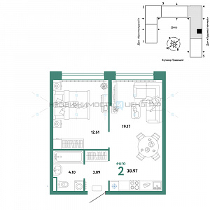 2 комн., 38.97м2, 6/15, Домашний, Тюмень