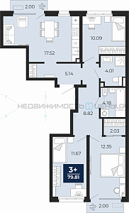 3 комн., 79.81м2, 2/19, Беринг, Тюмень