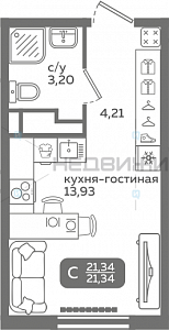 1 комн., 21.34м2, 10/21, Меридиан Слобода, Тюмень