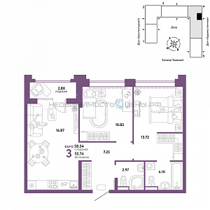3 комн., 58.54м2, 2/15, Домашний, Тюмень