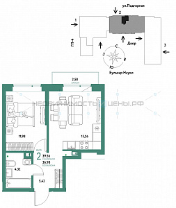 2 комн., 39.56м2, 7/16, Авторский, Тюмень