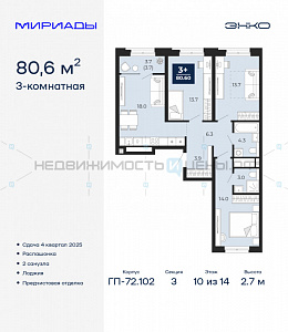 3 комн., 80.6м2, 10/16, Мириады, Тюмень