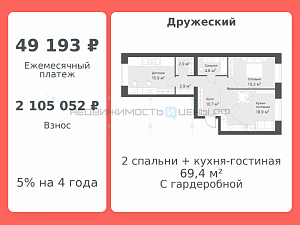 2 комн., 69.4м2, 10/14, Дружеский, Тюмень