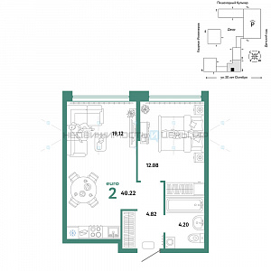 2 комн., 40.22м2, 5/25, Сердце Сибири, Тюмень
