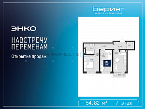 2 комн., 54.82м2, 7/19, Тюмень