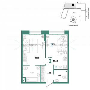 2 комн., 39.6м2, 2/15, Домашний, Тюмень