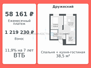 2 комн., 38.5м2, 14/14, Дружеский, Тюмень