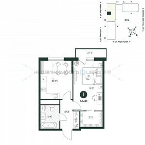 1 комн., 44.21м2, 9/18, Игрим, Тюмень