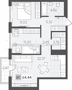 2 комн., 64.44м2, 2/17, Скандиа. Квартал в Комарово Парк, Тюмень