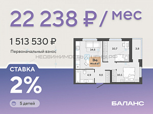 2 комн., 46.8м2, 22/23, Баланс, Тюмень
