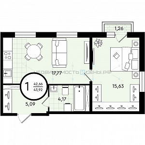 1 комн., 43.92м2, 4/4, Зеленые Аллеи, Тюмень