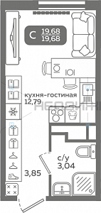 1 комн., 19.68м2, 7/21, Меридиан Слобода, Тюмень