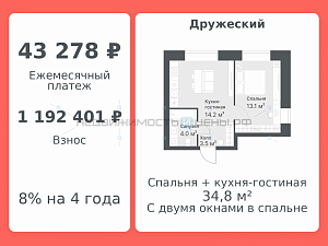 2 комн., 34.8м2, 6/8, Дружеский, Тюмень