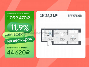 1 комн., 28.3м2, 10/14, Дружеский, Тюмень