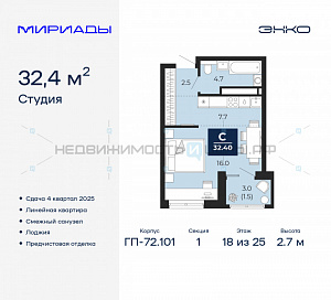 1 комн., 32.4м2, 18/25, Мириады, Тюмень