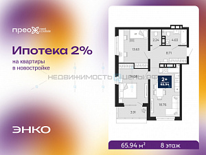 2 комн., 65.94м2, 8/12, Тюмень