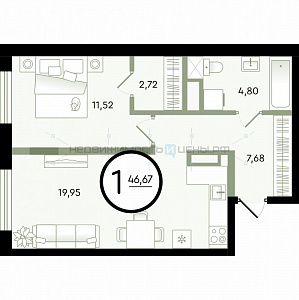 1 комн., 46.67м2, 1/4, Зеленые Аллеи, Тюмень