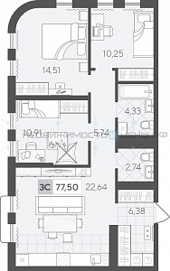 3 комн., 77.5м2, 17/17, Скандиа. Квартал в Комарово Парк, Тюмень