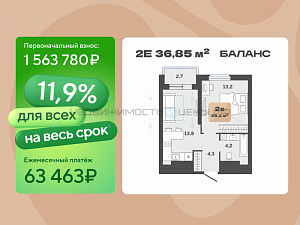 1 комн., 36.85м2, 23/23, Баланс, Тюмень