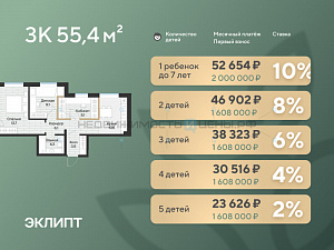2 комн., 57.2м2, 4/4, Эклипт, Тюмень