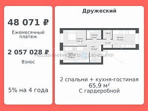 2 комн., 65.9м2, 10/14, Дружеский, Тюмень