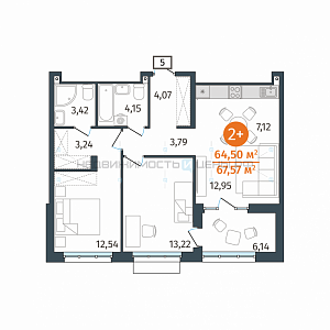 2 комн., 64.5м2, 15/25, Этика, Тюмень
