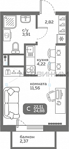 1 комн., 22.51м2, 7/20, Меридиан Слобода, Тюмень