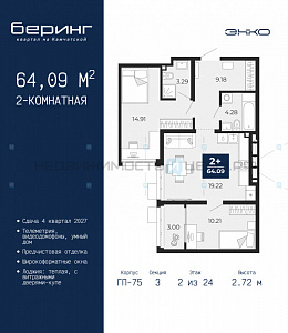 2 комн., 64.09м2, 2/24, Беринг, Тюмень