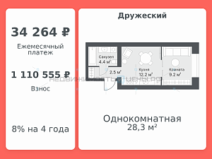 1 комн., 28.3м2, 10/14, Дружеский, Тюмень