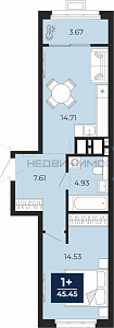 1 комн., 45.45м2, 10/19, Тюмень