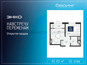 1 комн., 43.62м2, 10/23, Тюмень
