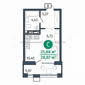 Студия, 25.88м2, 4/25, Этика, Тюмень