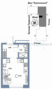 Студия, 24.05м2, 9/15, Домашний, Тюмень
