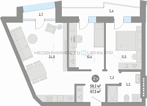 2 комн., 59.2м2, 4/4, Кипрея. Квартиры, Тюмень